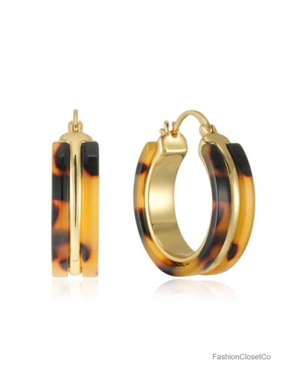 Leopard Tortoise Shell Hoop Earrings Resin Metal Latch Back Women